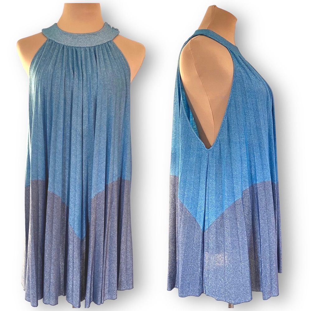 Free People Metallic Love Pleated Mini Halter Dress in Blue/Navy Size XS